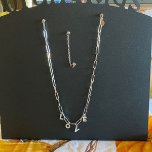 Silver plated paper clip necklace with LOVE enameled letters. 16 in w extender